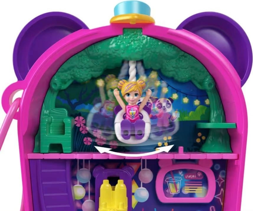 Set lodrash Polly Pocket Bubble Tea Panda Compact me 2 mini kukulla dhe 12 aksesorë, Rozë