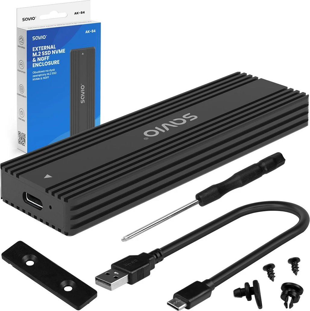Kasë SSD SAVIO AK-84, M.2, USB Type-C, e zezë