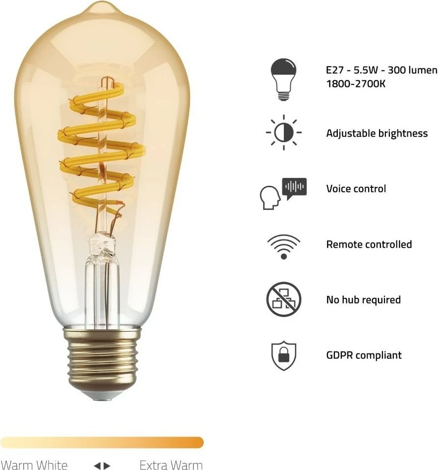 Llambë smart Hombli HBEB-0212, Wi-Fi, ST64, E27, Gold