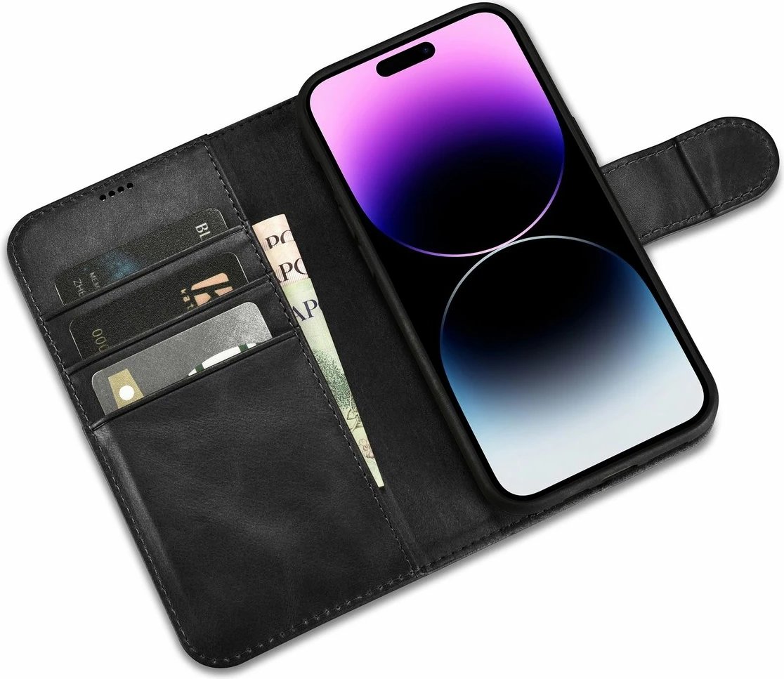 Mbështjellës iCarer Oil Wax Wallet Case 2in1 për iPhone 14 Pro, lëkurë natyrale, Anti-RFID, e zezë