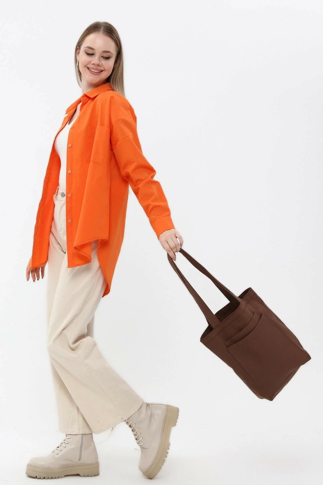 Çantë tote gabardinë, ngjyrë kafe e errët, Zoozie Bags, 33x45x10cm