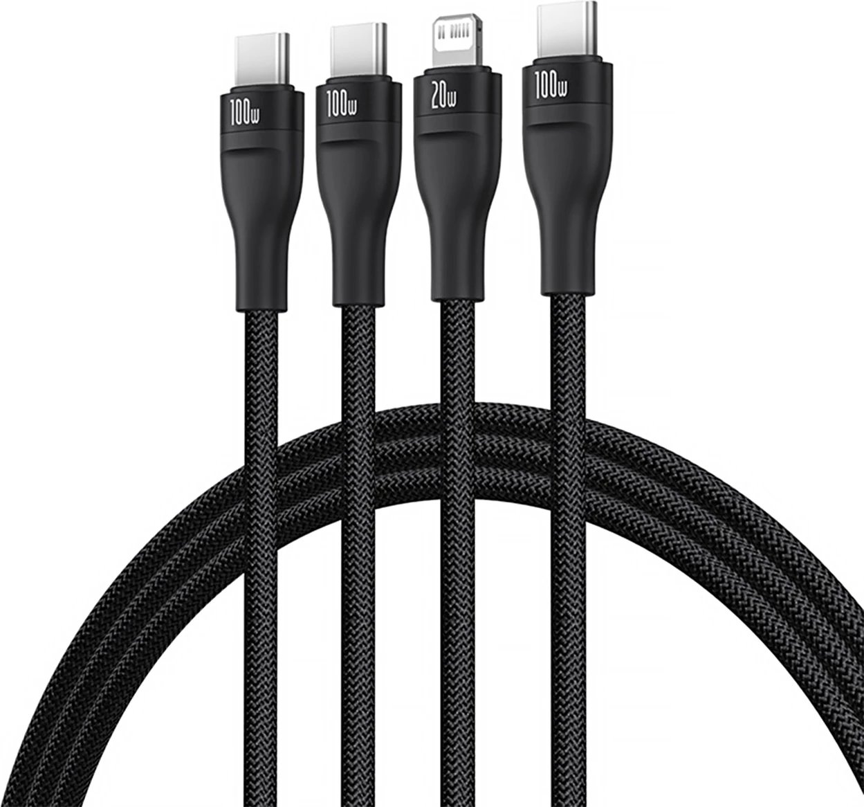 Kabllo 3-në-1 Baseus Flash Series 3, 100W, USB-C në USB-C+USB-C+Lightning, 1.5m, e zezë Kabllo 3-në-1 Baseus Flash Series 3, 100W, USB-C në USB-C+USB-C+Lightning, 1.5m, e zezë