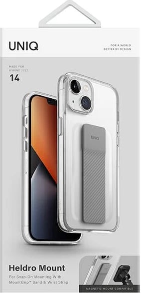 Mbështjellës UNIQ Heldro Mount për iPhone 14, transparent, me rrip kapjeje dhe mbajtëse gishti