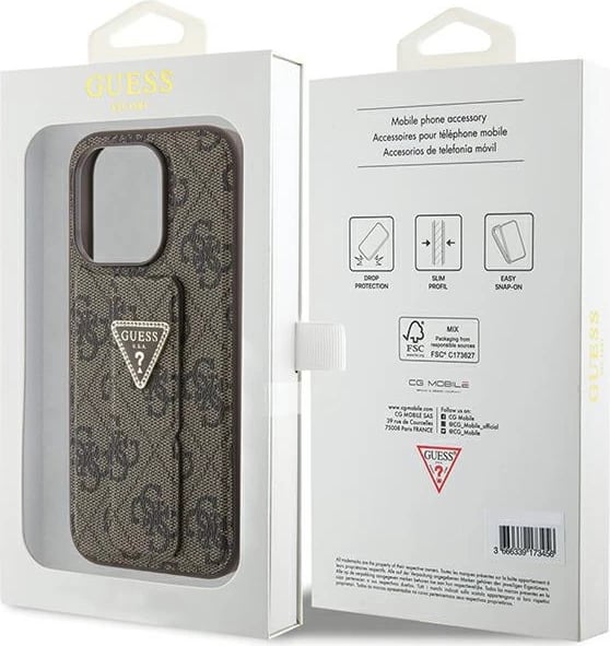 Mbështjellës Guess Grip Stand 4G Triangle Strass për iPhone 15 Pro Max, kafe
