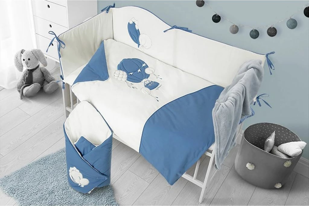 Set shtrojesh krevat bebe, Belisima, Ballons, jorgan 100x135 cm dhe jastëk 40x60 cm, blu, set 3 pjesë