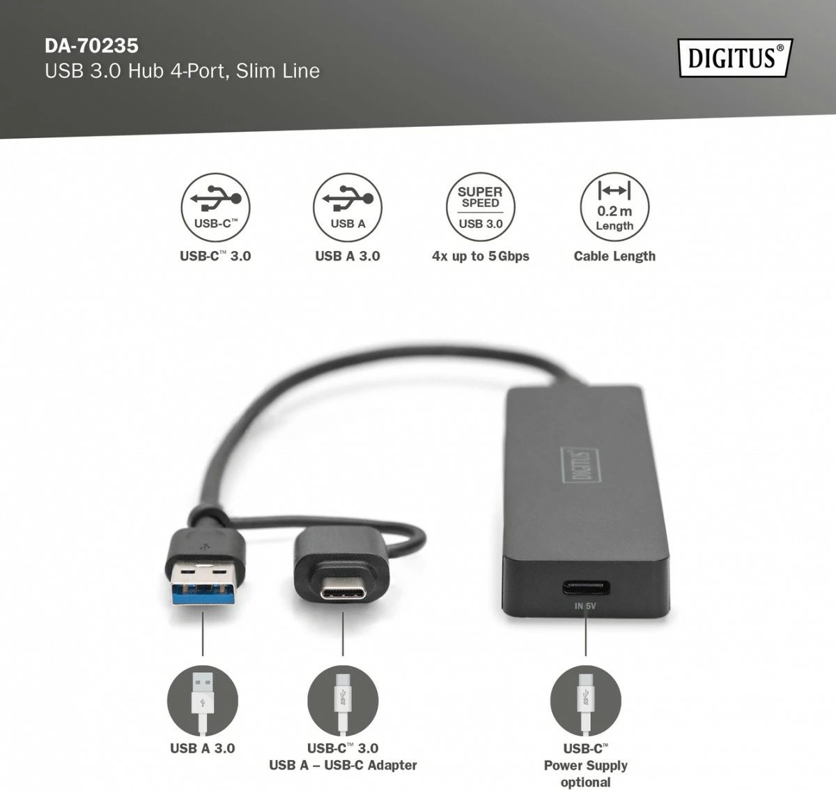 Hub USB Digitus DA-70235, 4 porta USB 3.0, USB-A + USB-C, i zi