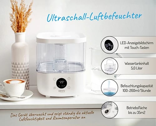 Lagështues ajri ultrasonik, Camry, CR 7973, depozitë 5L, ekran LED, aromaterapi, i bardhë