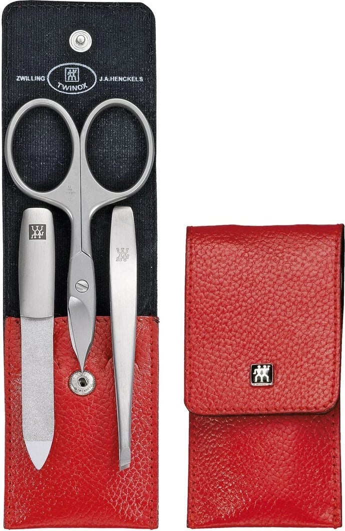 Set manikyr Zwilling Twinox, 3 pjesë, mbështjellës lëkure i kuq