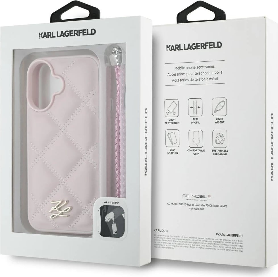 Mbështjellës Karl Lagerfeld Quilted Initial Logo & Chain Strap për iPhone 16, Rozë