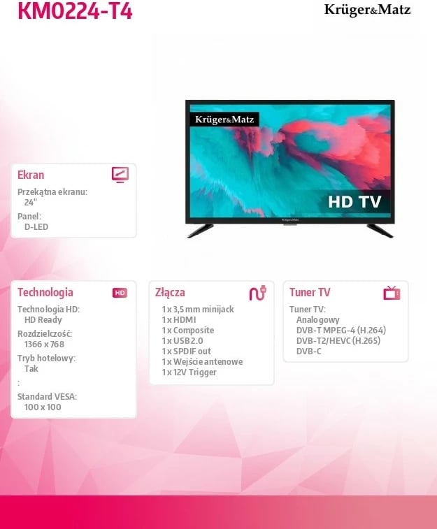 Televizor Kruger & Matz KM0224-T4, 24", HD Ready, D-LED, i zi
