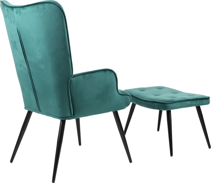 Fotel me puf Siella, kadife e gjelbër e errët, këmbë metalike të zeza, 59x67x94cm
