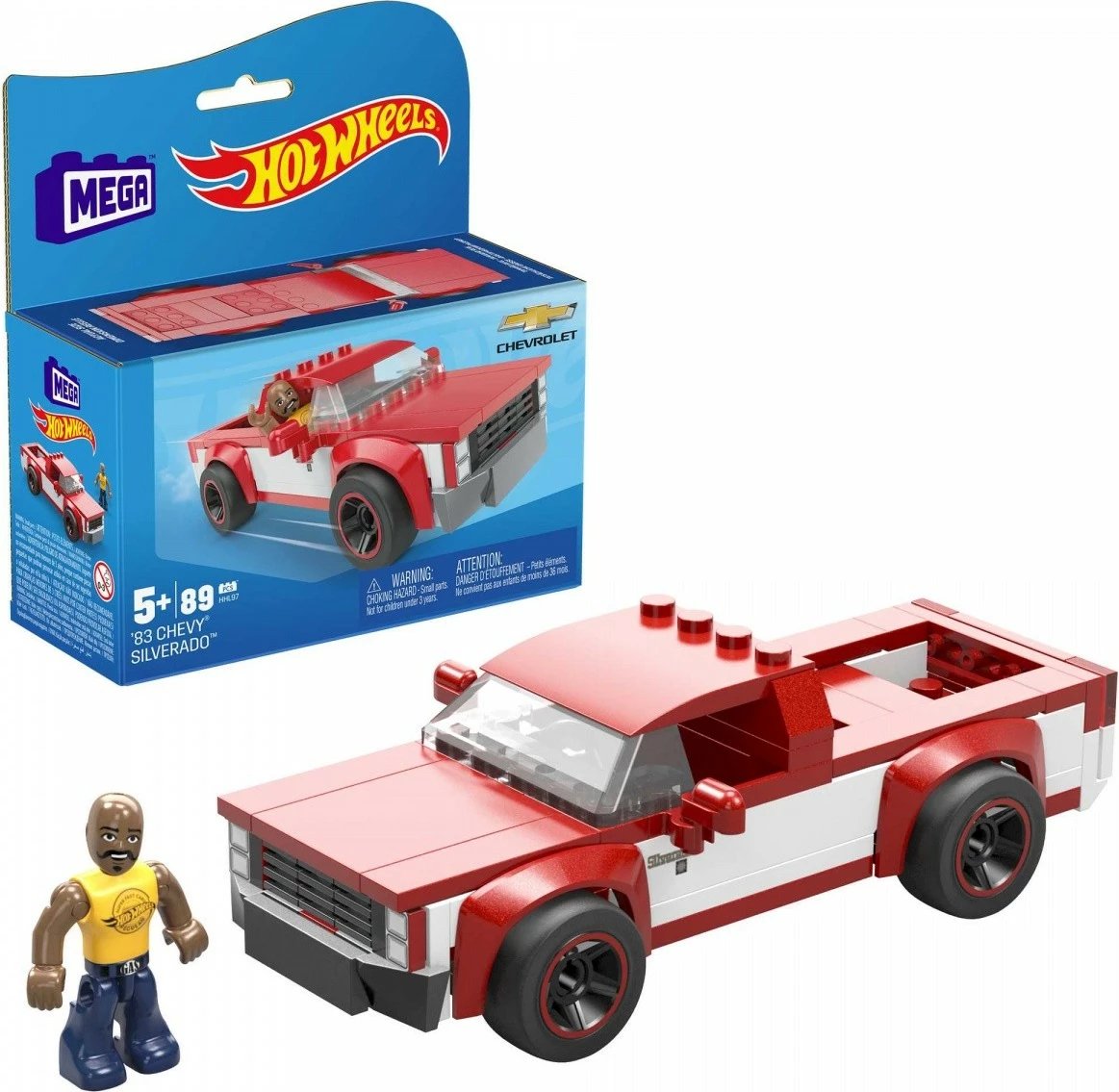 Set ndërtimi Mega Bloks Hot Wheels, Chevy Silverado, 89 pjesë, kuqe/bardhë