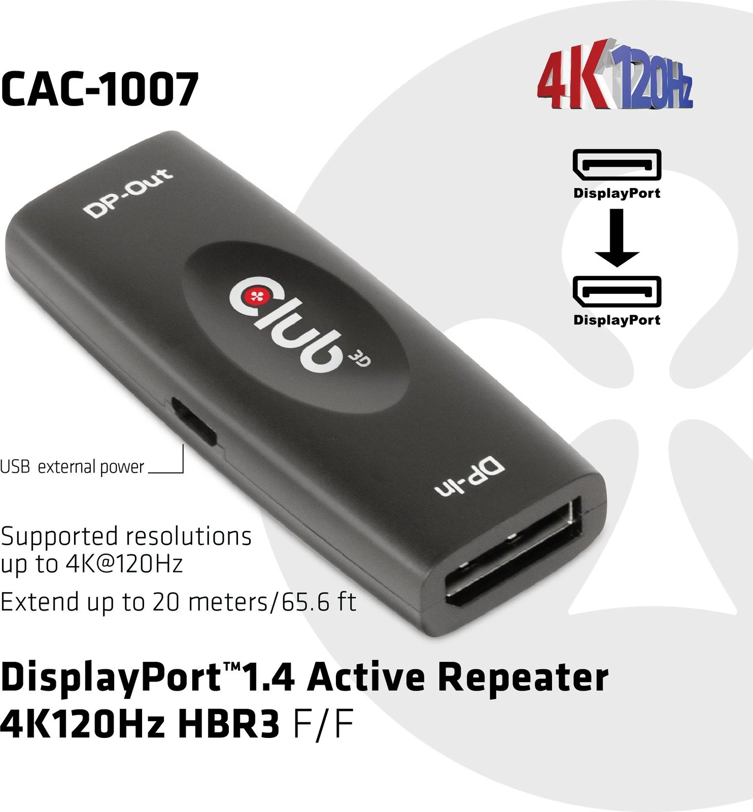 Përsëritës DisplayPort Club3D 1.4, aktiv, Bu/Bu, i zi