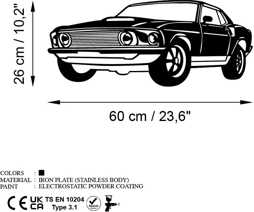 Aksesor dekorativ metalik për mur, FORD Mustang 1969 Fastback, ngjyrë e zezë, 60x26cm