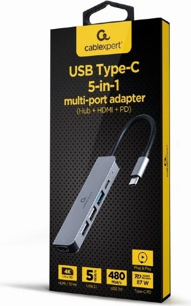 Adapter multiport USB-C Gembird A-CM-COMBO5-03, 5-në-1, HDMI, USB 3.1, USB 2.0, e zezë/argjendtë