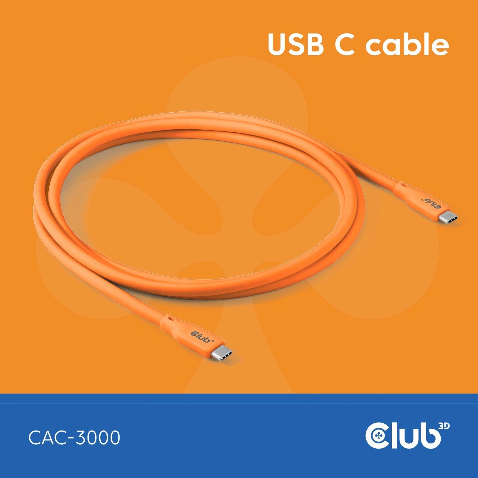 Kabllo USB-C Club3D CAC-3000, 2m, 240W, 20Gbps, portokalli