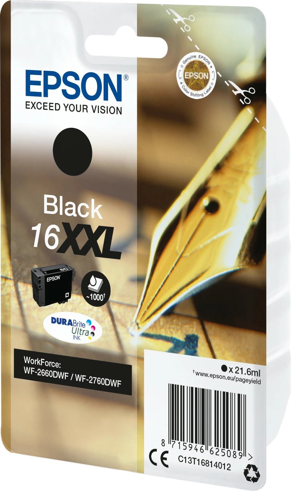 Toner Epson Singlepack Black 16XXL DURABrite Ultra, Extra High Yield, 21.6 ml, e zezë