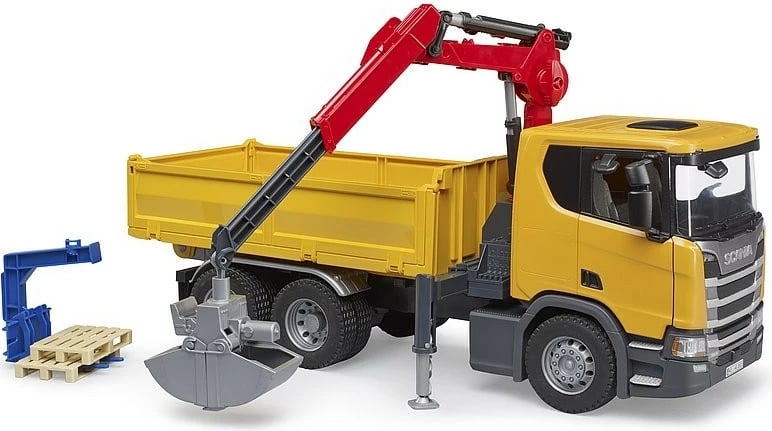 kamion lodër BRUDER Scania Super 560R BR-03551 1:16 me vinç dhe 2 paleta e verdhë/e kuqe