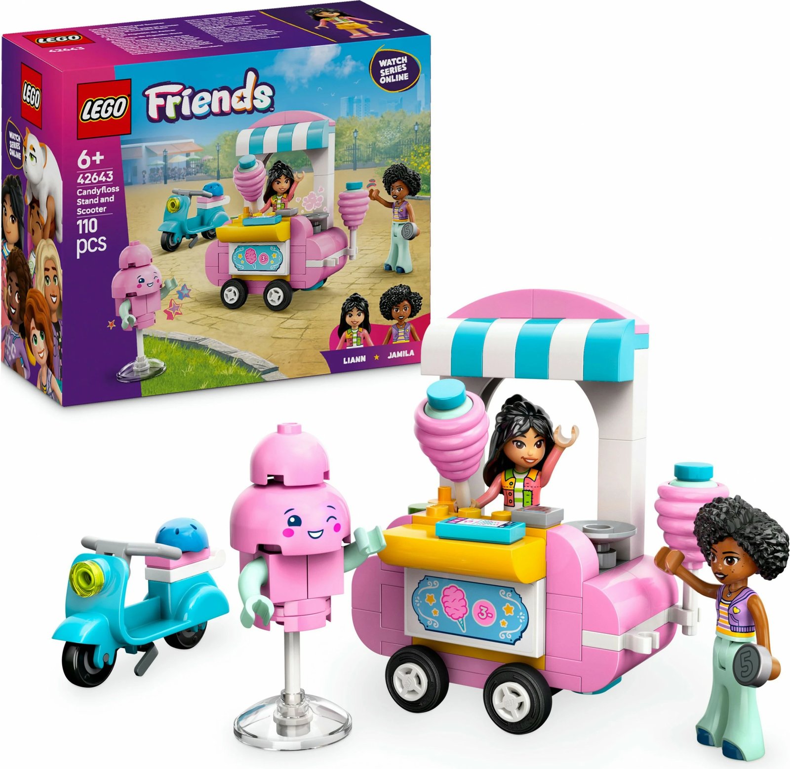 Set ndërtimi LEGO Friends 42643, kioskë sheqerka pambuku dhe skuter, 110 pjesë, shumëngjyrësh