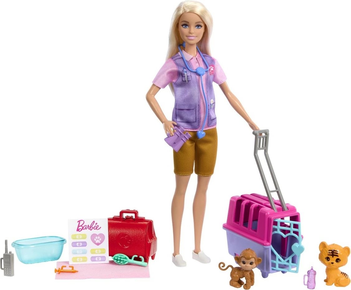 Set lodrash Barbie Mattel HRG50 Animal Rescue Worker, me kukull, majmun, këlysh tigri dhe aksesorë, për fëmijë