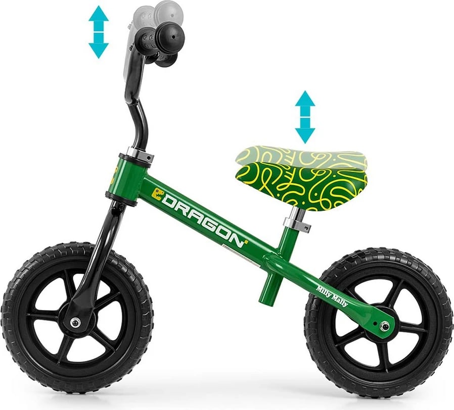 biçikletë balancuese Milly Mally Dragon 10" rrota shkumë, kornizë çeliku, sedilje dhe timon të rregullueshëm, zile, 2–4 vjeç, jeshile
