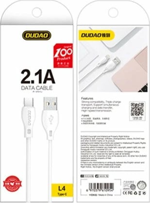 Kabllo Dudao L4T, USB në Type-C, 2m, 2.1A, e bardhë