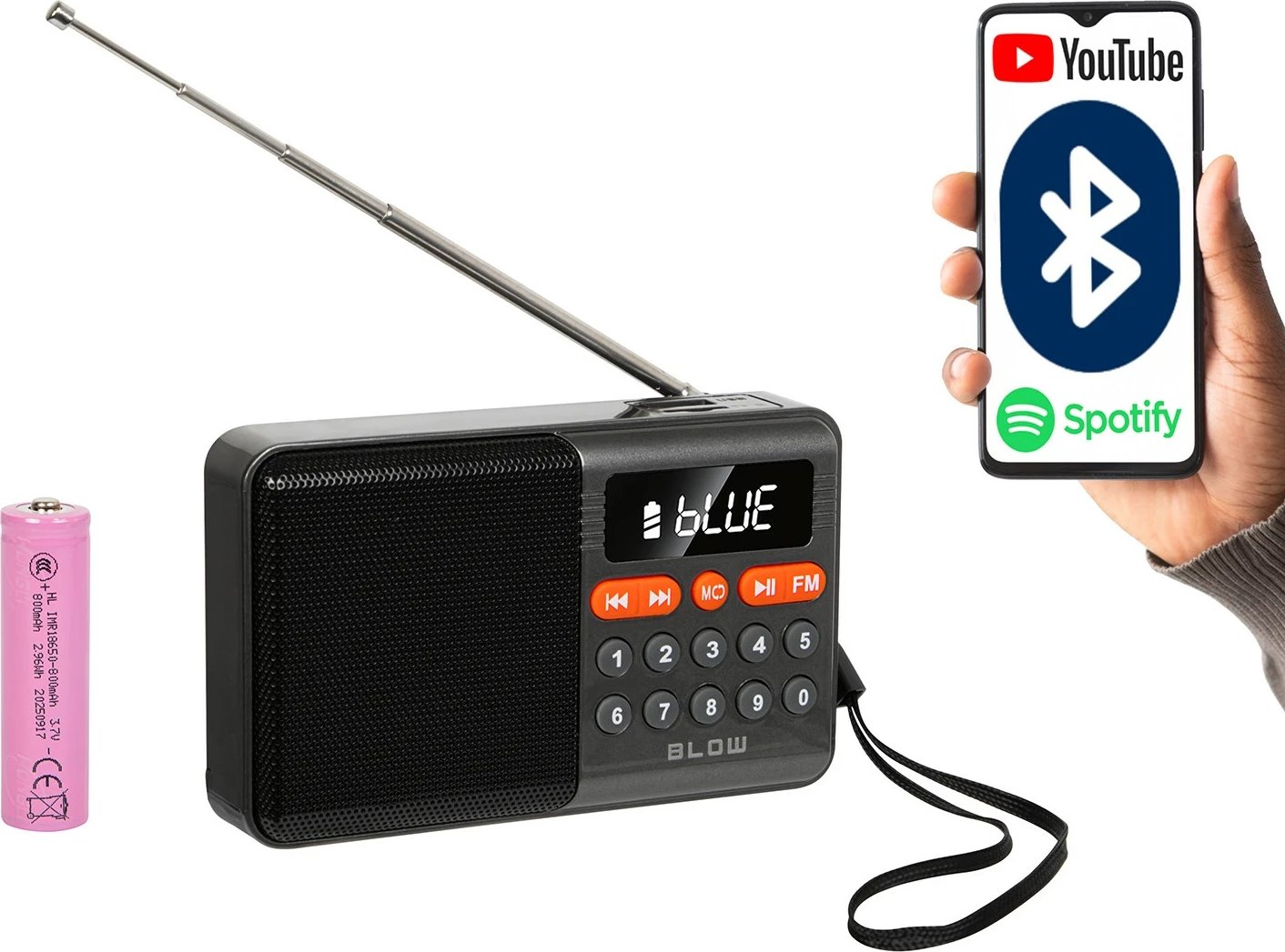 Radio portativ analog AM/FM me Bluetooth, BLOW RA18, altoparlant mono, USB/microSD/AUX, bateri 800 mAh, karikim USB-C, i zi