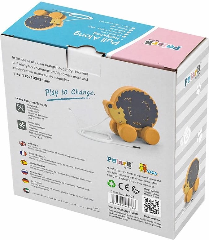 Lodër tërheqëse me litar, Viga, Hedgehog, druri ahu, 112x107x53 mm, shumëngjyrëshe