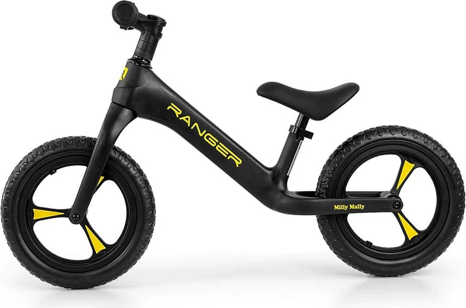 Biçikletë balancuese fëmijësh, Milly Mally Ranger, rrota 12" EVA pa shpim, kornizë kompozite e lehtë, sedilje e rregullueshme, e zezë