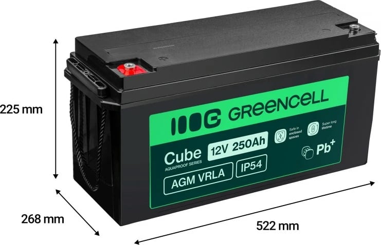 Bateri AGM VRLA, Green Cell, AGM12V250AH-J, 12V 250Ah, IP54, e zezë