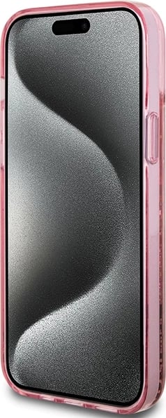 Mbështjellës Guess Liquid Glitter Gold Stripes për iPhone 15 Plus / 14 Plus, Rozë