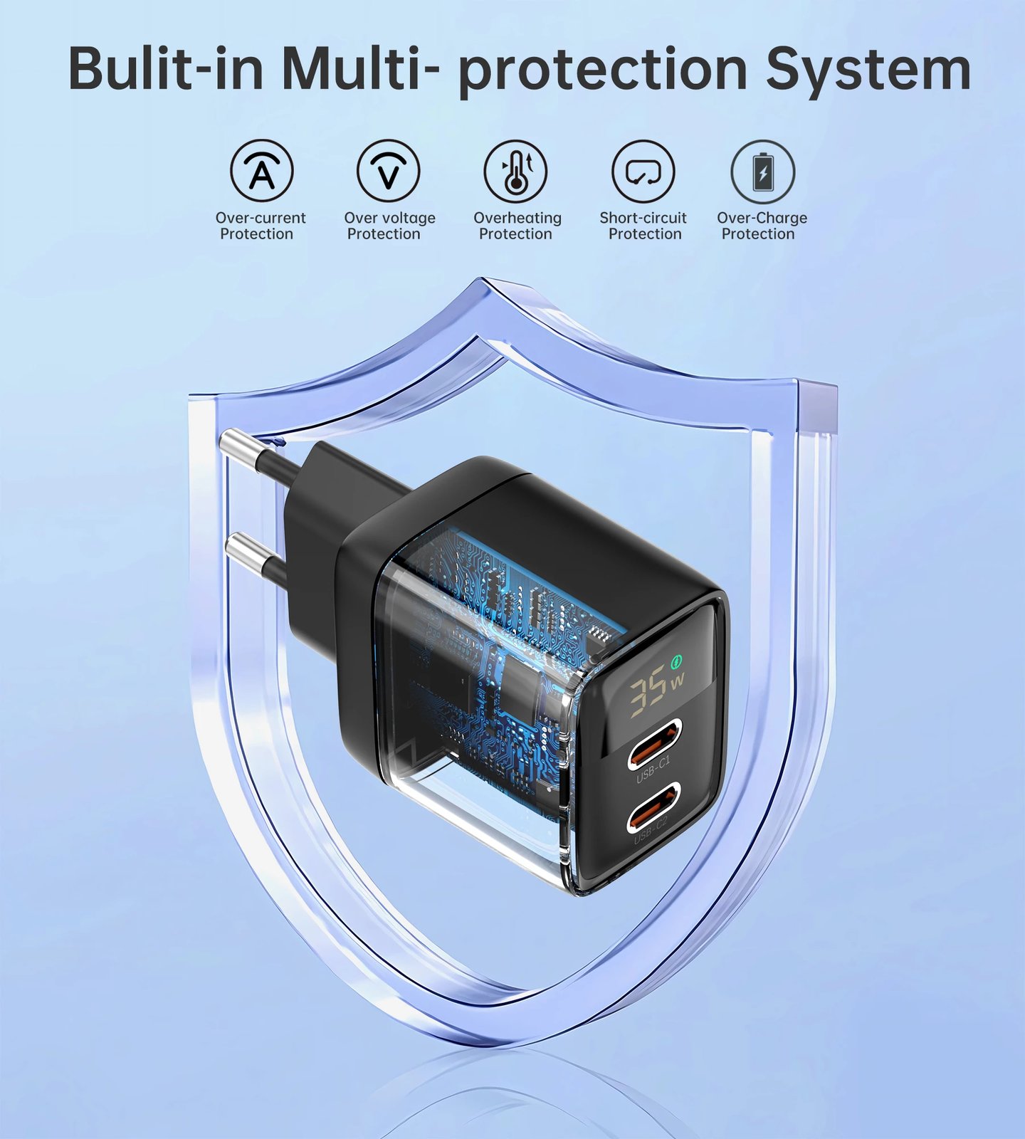 Karikues muri Choetech PD6051, 35W, 2x USB-C, me ekran, zi