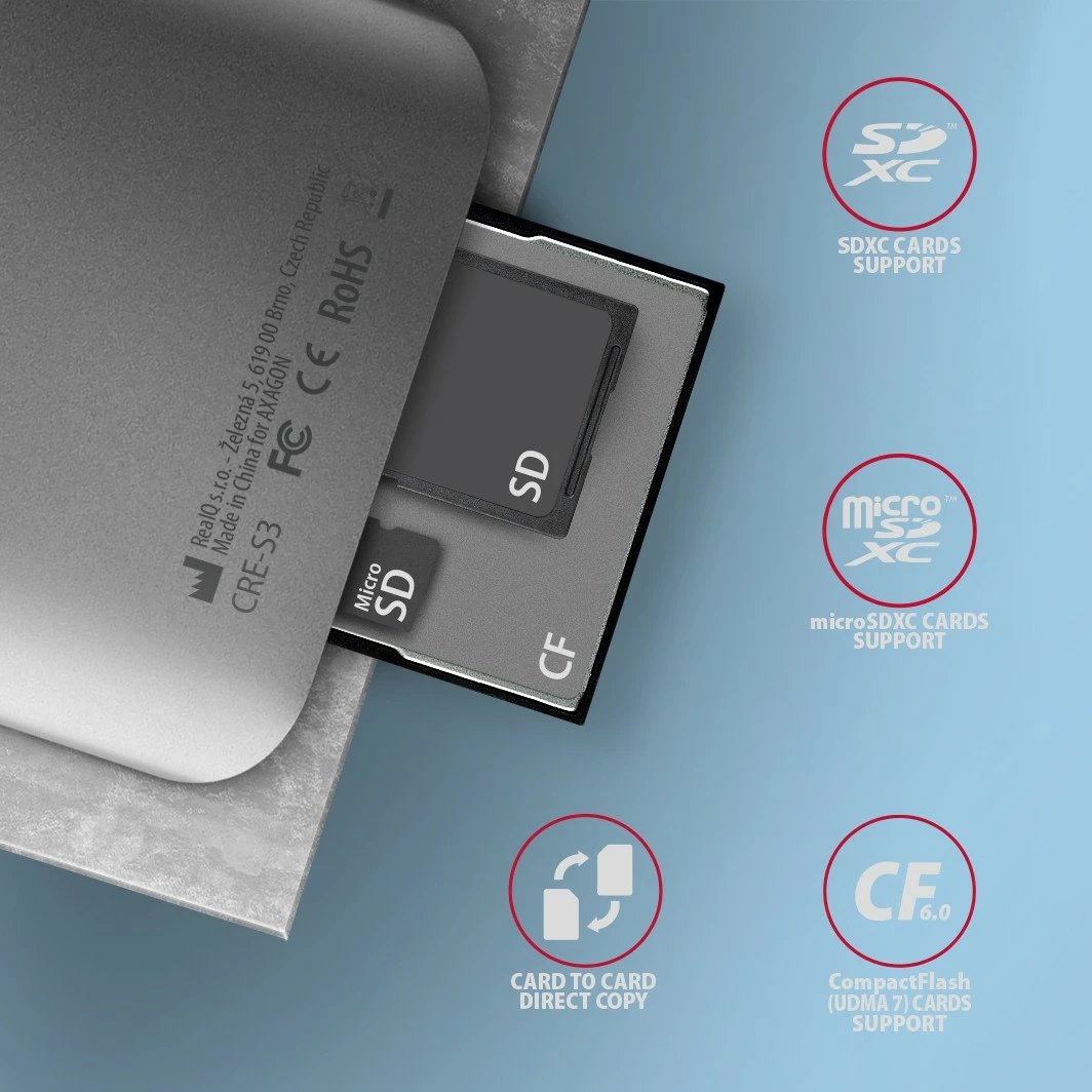 Lexues kartelash AXAGON CRE-S3, USB-A, 3 slote, USB 3.2 Gen 1, Gri