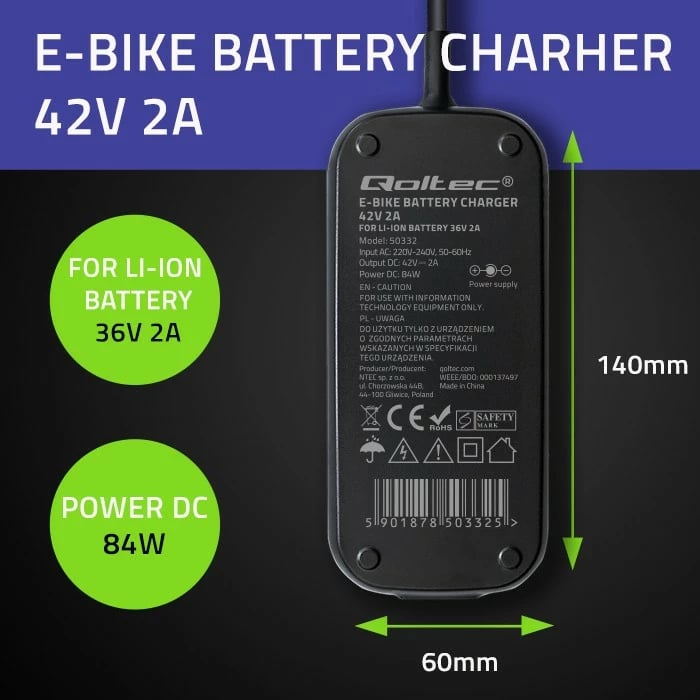 Karikues biçiklete elektrike Qoltec 50332, 42V 2A, i zi