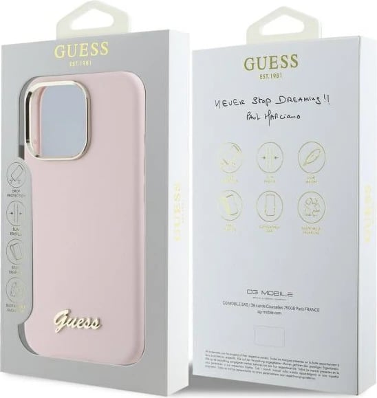 Mbështjellës Guess Silicone Script Metal Logo & Frame për iPhone 16 Pro Max, Rozë
