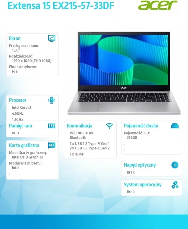 Laptop Acer Extensa 15 EX215-57-33DF i3-1315U 15.6 FHD 8GB DDR5 256GB SSD pa OS argjendtë