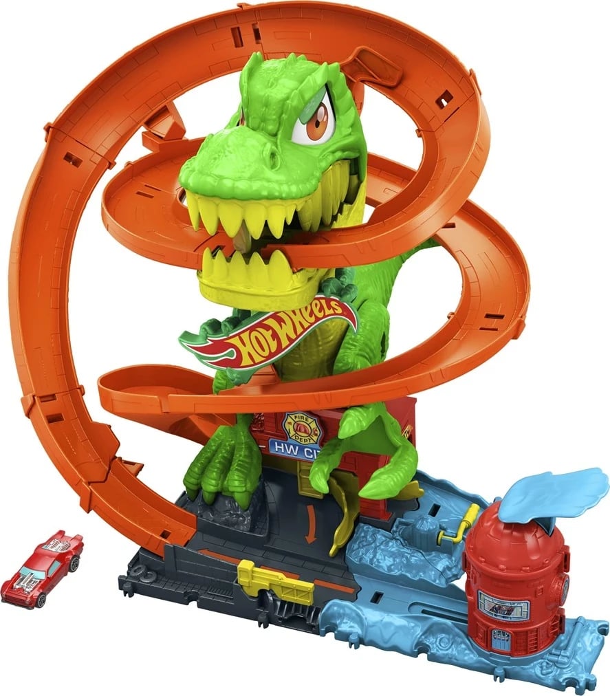 Set lodrash Hot Wheels City T-Rex Blaze Battle me veturë 1:64, shumëngjyrëshe