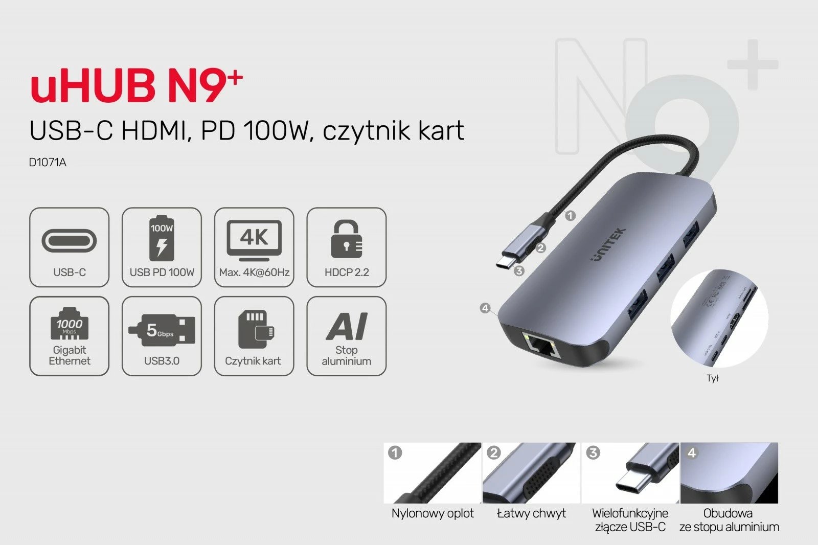 HUB USB-C Unitek D1071A 9-në-1, HDMI 2.0, RJ45, SD Card Reader, Argjend
