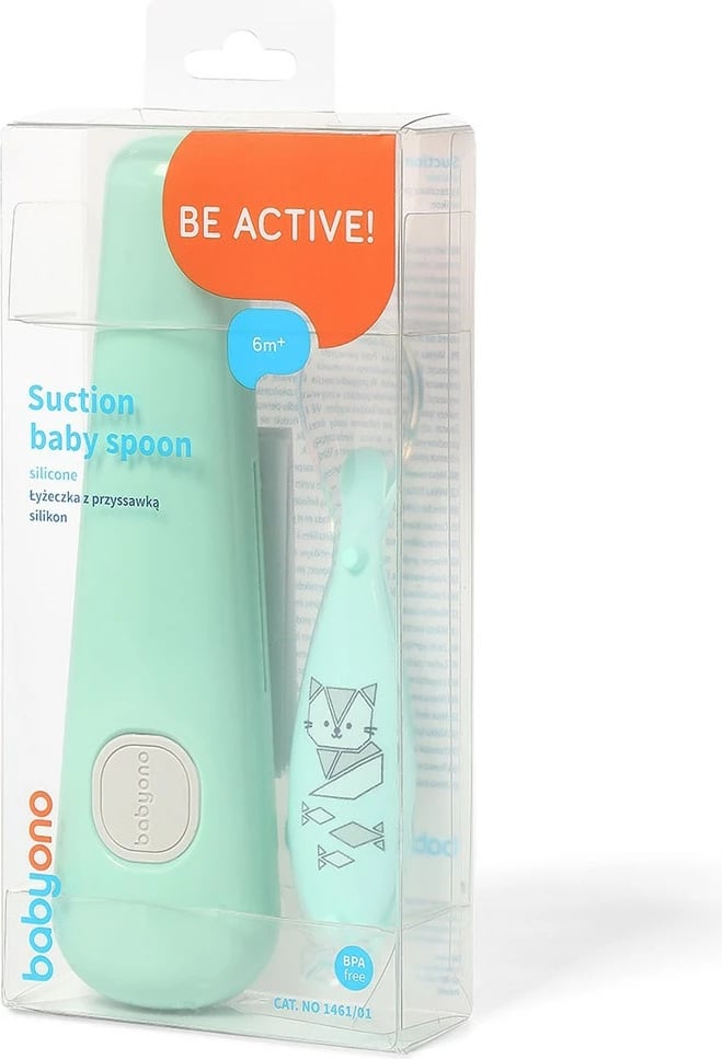 Lugë silikoni me kupë thithëse, Baby Ono, me kuti mbrojtëse, pa BPA, për 6m+, jeshile, set 1 lugë + kuti