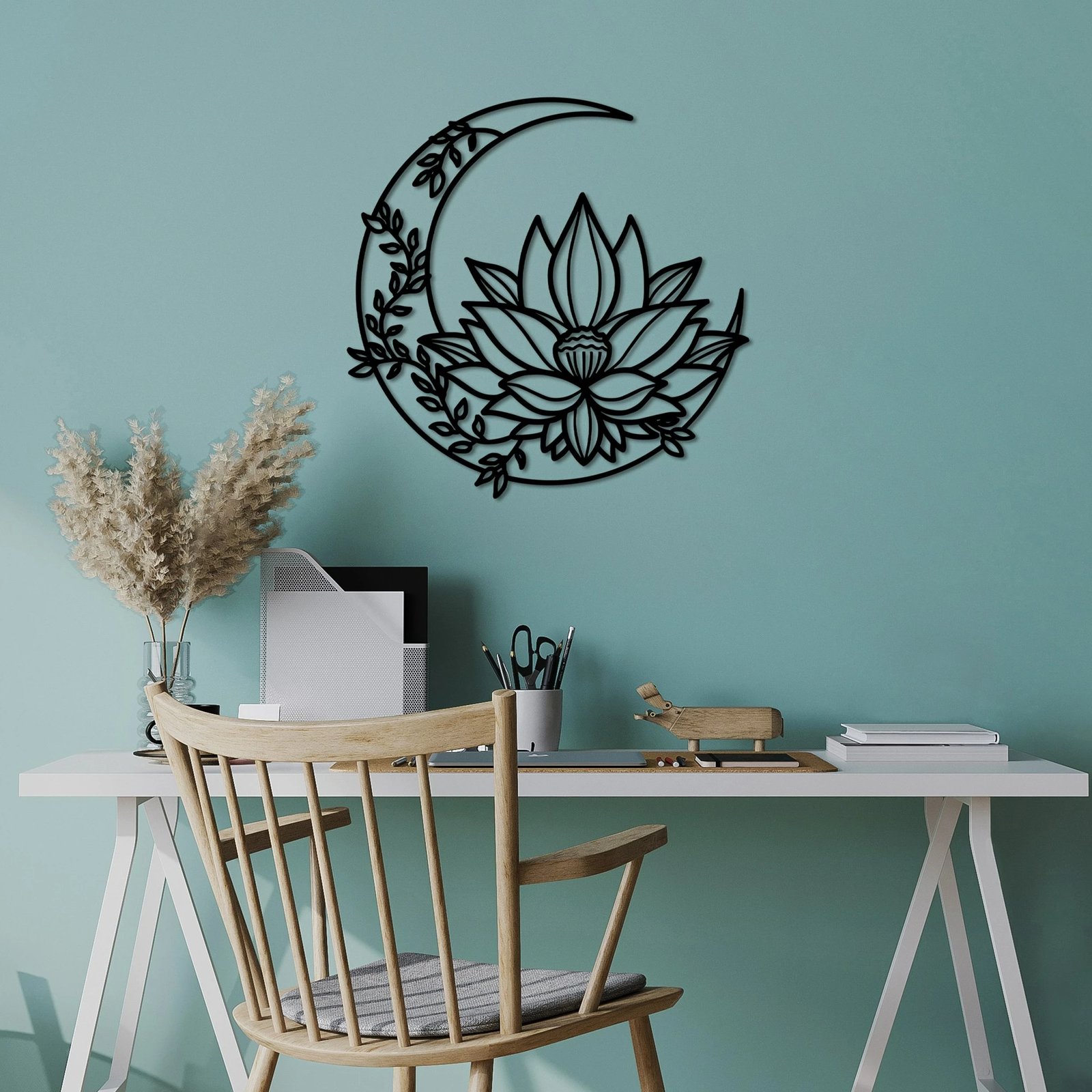 Aksesor dekorativ metalik për mur, Flower Moon, i zi, 70x70cm