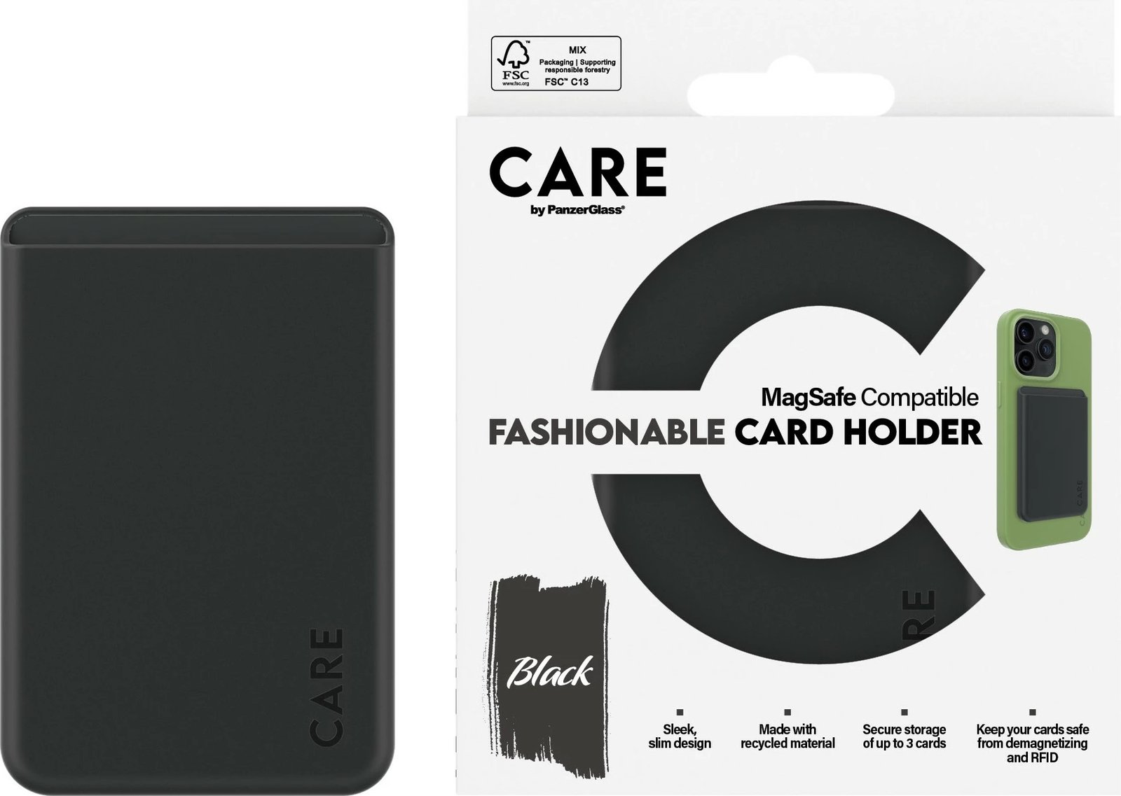 Mbështjellës kartash PanzerGlass CARE për iPhone, silikon, i zi