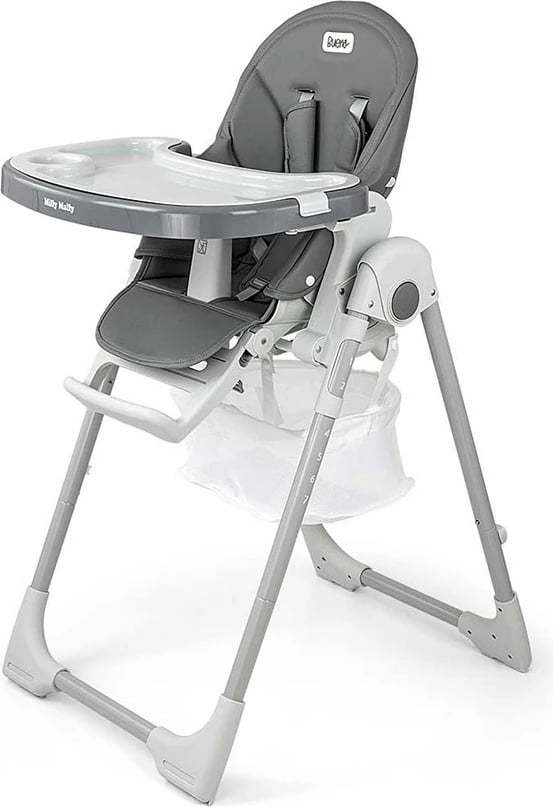 karrige e lartë për fëmijë, Milly Mally Bueno, 7 nivele lartësie, shpinore 5 pozicione, tabaka e heqshme, deri 15 kg, gri