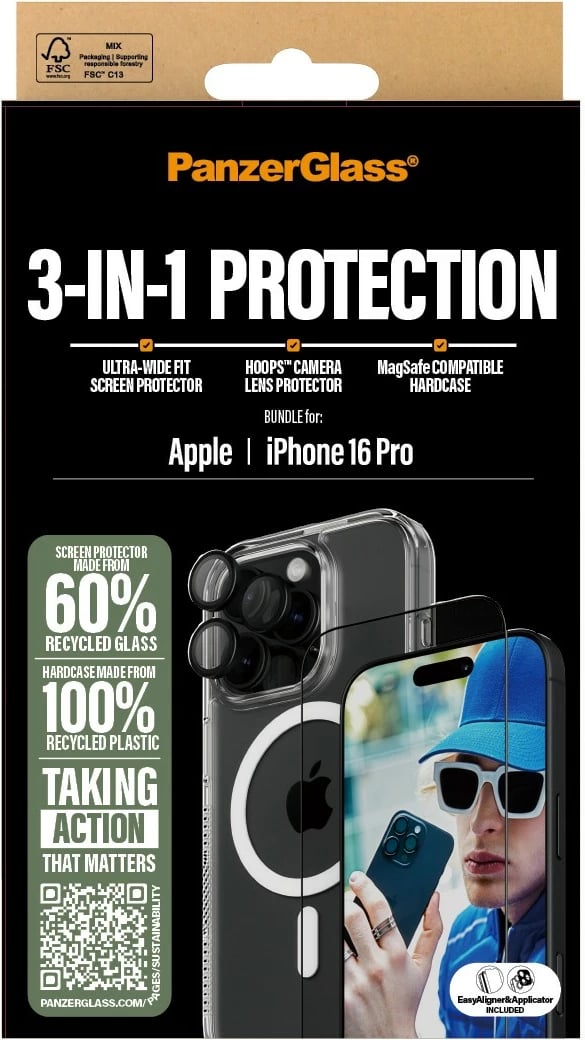 Mbështjellës PanzerGlass 3-in-1 për iPhone 16 Pro, transparent