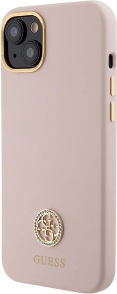 Mbështjellës Guess Silicone Logo Strass 4G për iPhone 15, Rozë e çelët