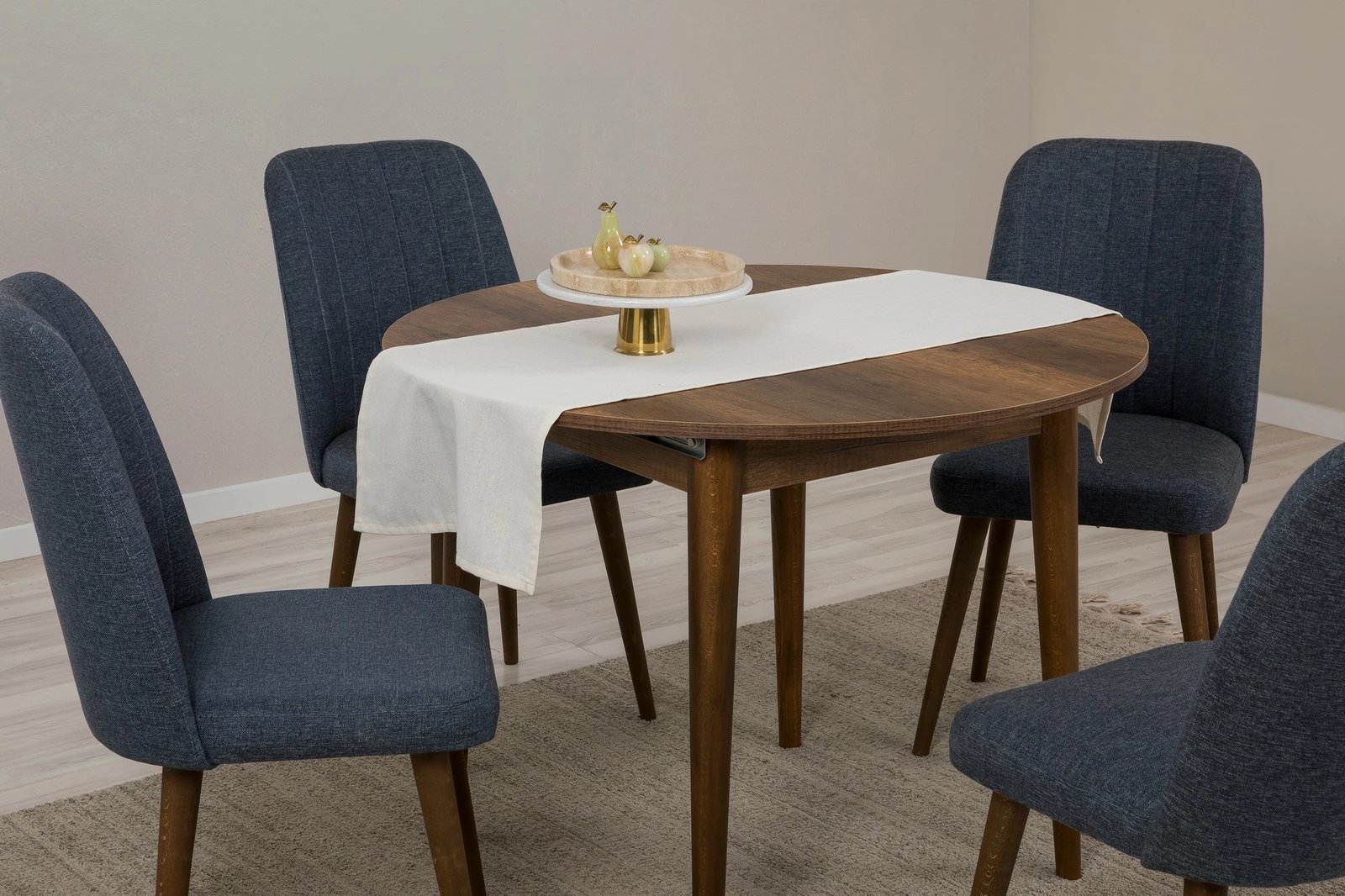 Tavolinë me karrige, zgjatshme, 5 copë, ngjyrë arre, blu e errët, Vina 1048