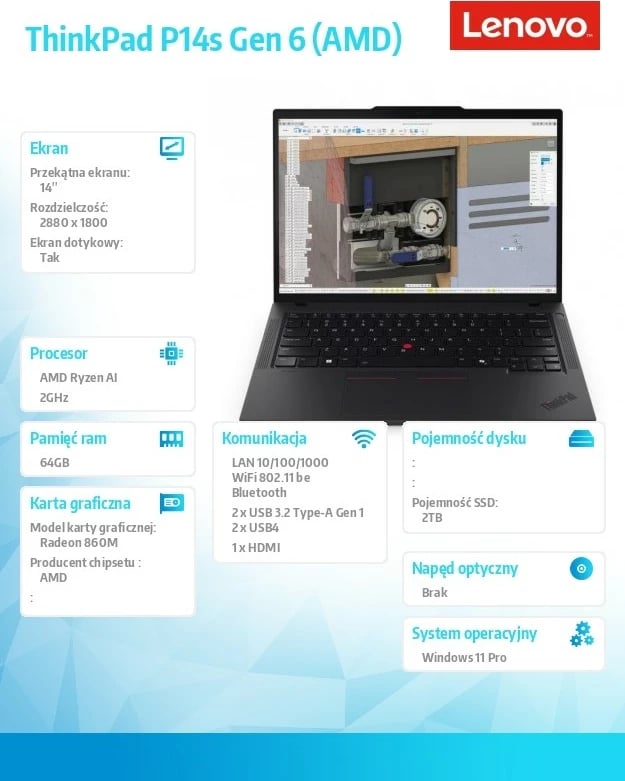 Laptop Lenovo ThinkPad P14s Gen 6 (AMD), Ryzen AI 7 PRO 350, 64 GB RAM, 2 TB SSD, Radeon 860M, 14" 2.8K Touch, Zi Laptop Lenovo ThinkPad P14s Gen 6 (AMD), Ryzen AI 7 PRO 350, 64 GB RAM, 2 TB SSD, Radeon 860M, 14" 2.8K Touch, Zi