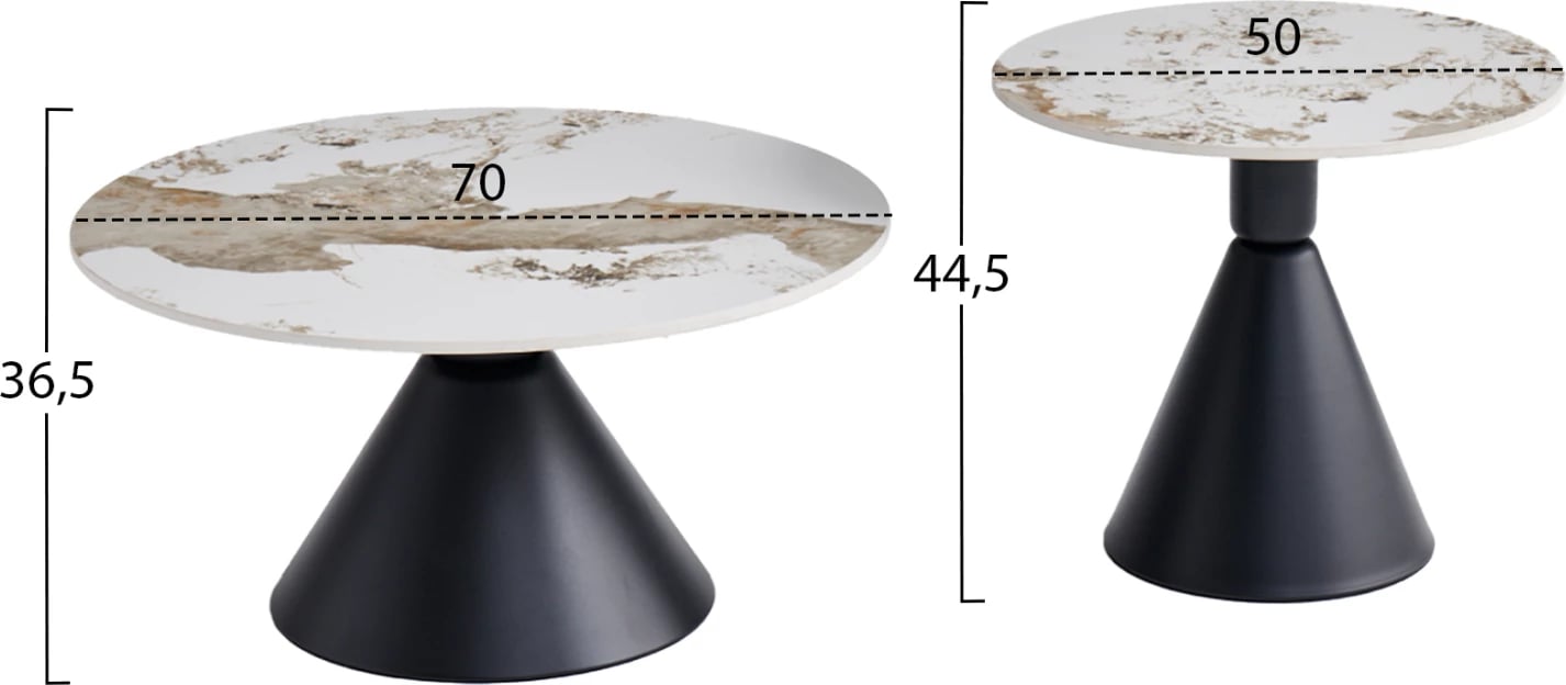 Set 2 tavolina kafeje JEN, metal i zi, gur sintetik Pandora, FH18305.02, 50cm & 70cm