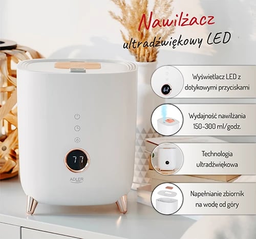 Lagështues ajri ultrasonik, Adler, AD 7972, 4L, 35 m2, LED display me butona prekje, aromaterapi, timer, i bardhë
