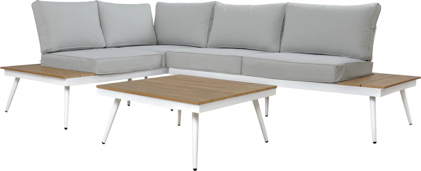Set këndor divanësh me tavolinë për jashtë, alumin, ngjyrë gri, e bardhë, dru, FH5126.11