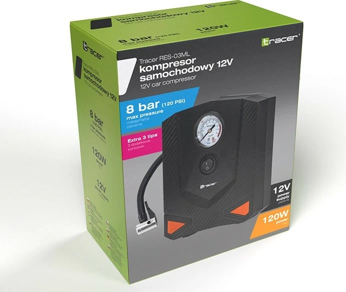 Kompresor ajri auto Tracer RES-03 ML 120W 12V 8 bar 15 L/min, i zi, set me 3 gryka